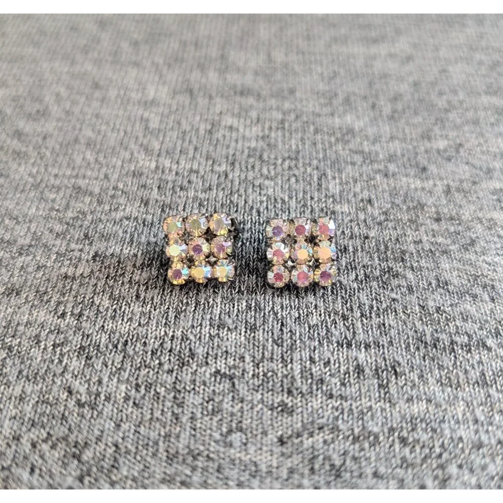 Vintage Square Rhinestone/Aurora Borealis Clip-on Earrings - Picture 2 of 4